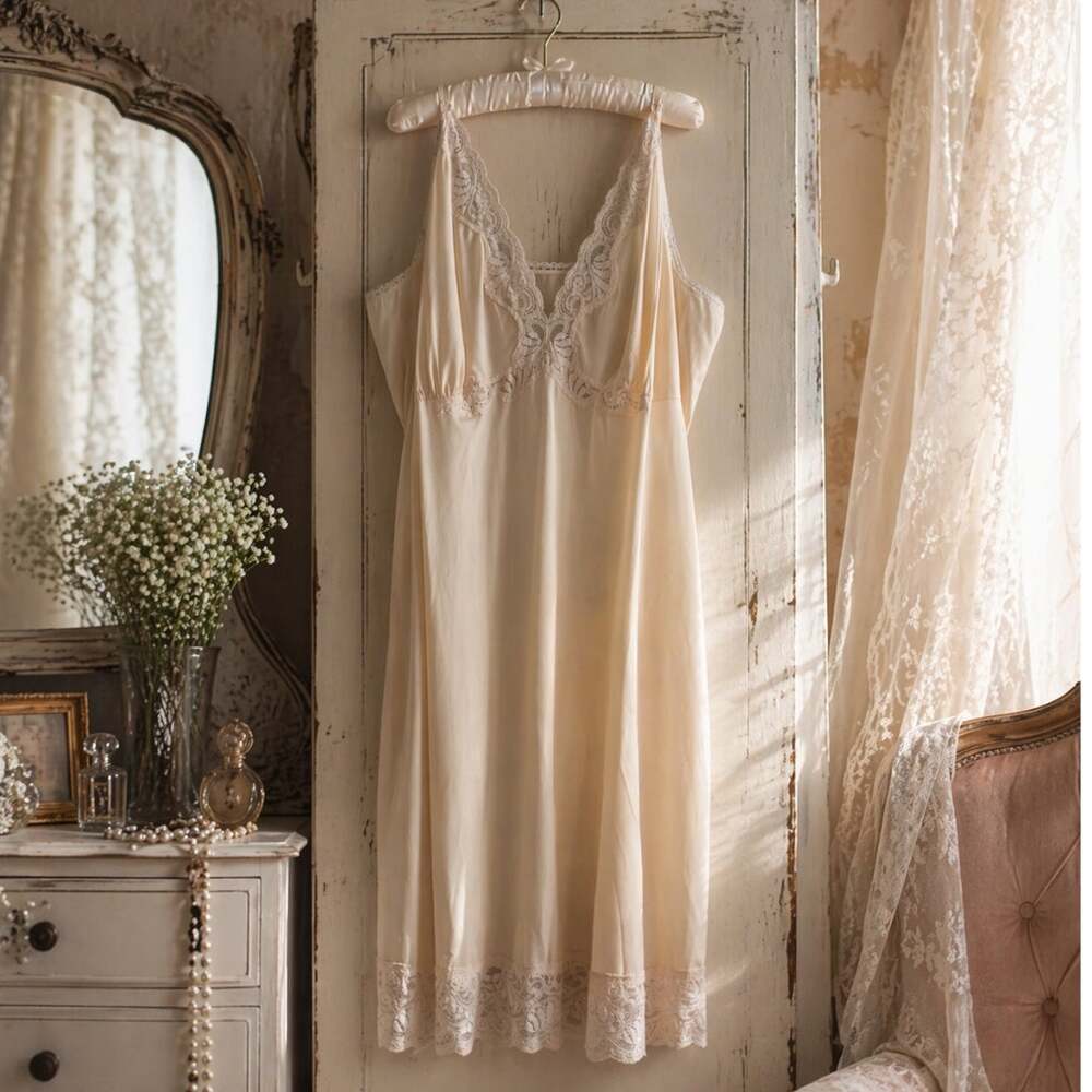 Vintage Ivory Nylon Lace Trim Slip Dress Union Made